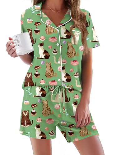 Ekouaer Green Pajama for Women Set Short Sleeve Sleepwear Button Down Pjs Soft 2 Piece Loungewear Green Cat Print Large