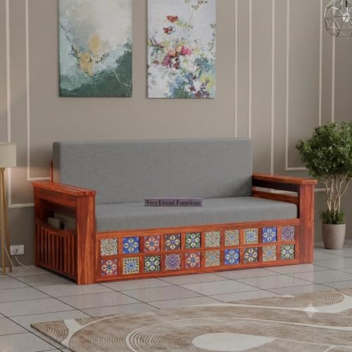 Image of MetalTree Wooden Sofa Cum Bed for Living Room | Convertible Sofa Bed with Storage | 3 Seater Foldable Sleeper Sofa | Solid Wood Pull Out Sofa Bed with Mattress for Home & Guest Room (Honey, Mary)