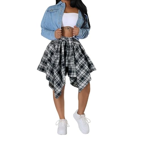 Summer Knot Skirts for Women Plaid Asymmetrical Hem High Waist Y2K Mini Short Skirt Black White M