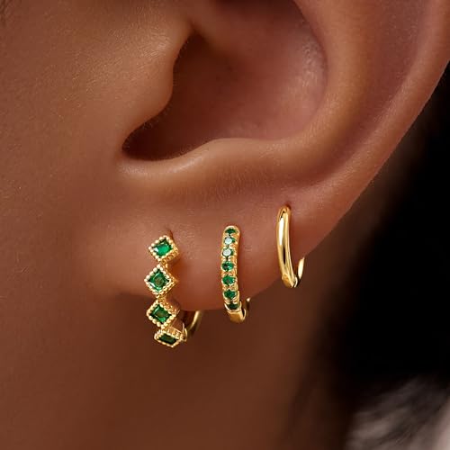Gold Black Huggie Hoop Earrings Set for Women, Small Dainty Green Simple Hypoallergenic Stud Earring Stack, Trendy Fashion Jewelry Gifts for Women3