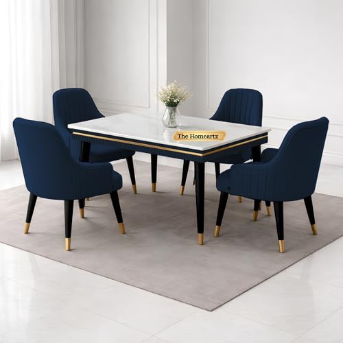 Image of Elara Modern Dining Table Set 4-Seater Wooden Dining Table Set | 1 Year Warranty | Nano Composite Marble Marble Top Table with 4 Chairs (Navy Blue)