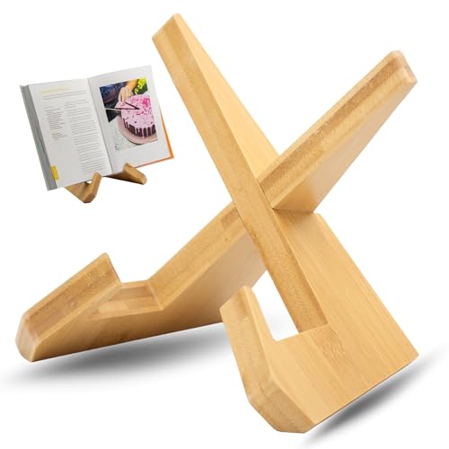 Recipe Book Stand for Kitchen, Wooden Cookbook Holder for Display, Cook Book Rest for Reading Hands Free, Bamboo for Cooking and Cookery, Book & Tablet Stand for Counter, Eco Friendly & Sustainable