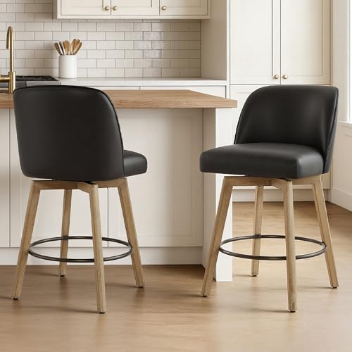 CHITA Modern Swivel Counter Height Bar Stools Set of 2, 26" Upholstered Counter Stools, Solid Wood Legs, Comfortable Cushioned Seat, Black Faux Leather by CHITA - Used condition - US$197.08