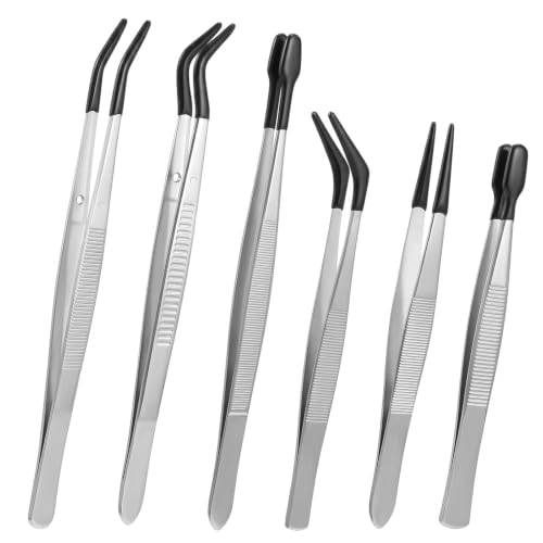 6pcs Rubber Tipped Tweezers Long Tweezers Bent Pointed Tipped Hobby Tweezer Flat Straight Tip Tweezers for Crafts Beads Jewelry Making Stamps Succulents Pet (Black Silver)