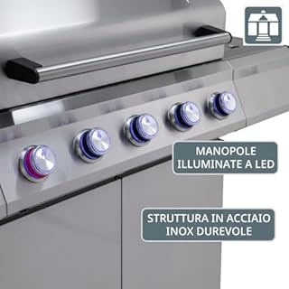 Tarrington House Barbecue a Gas con 4+1+1 Bruciatori Glenwood, Acciaio Inox, Coperchio con Termometro, Piastra, Accensione Elettrica, Argento