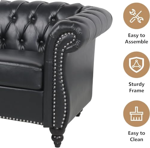Image of WOODEN WORLD Modern & Classic Leather Sofa Set - Luxurious Comfort, Stylish Design, and Durable Build (Black, 1 Seater)