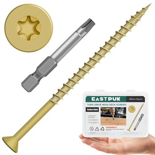 Image of Deck Screws 4 Inch, Wood Screws #10x4, 97 PCS 2lb, Rust Resistant Exterior Epoxy Coated Outdoor Decking Screws, Torx /Star Drive Head Deck Screw, T25 Star Bit Included, Tan by EASTPUK