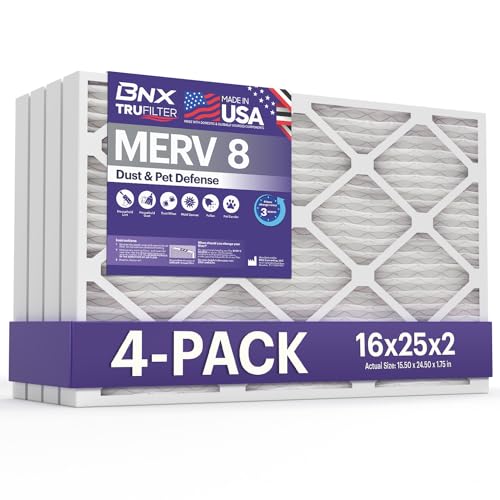 BNX TruFilter 16x25x2 Air Filter MERV 8 (4-Pack) - MADE IN USA Dust & Pet Defense Electrostatic Pleated Air Conditioner HVAC AC Furnace Filters for Dust Pet Mold Pollen MPR 600 700 & FPR 5