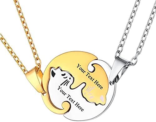 U7 Cute Cat Necklace 18K Gold Plated Pendant Yinyang Necklace Custom Engraved Name 2 Puzzle Pieces Friendship BFF Jewelry