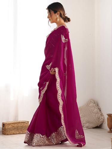 Image of Satrani Women's Tissue Silk Sequin Embroidery Scalloped Border Saree with Unstitched Blouse Piece
