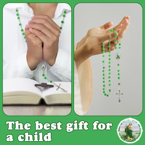 Bucherry 24 Pcs Saint Jude Green Scented Rosary Necklace Baptism Party Favor Catholic Gift with Box Saint Jude Rosary Bead Holy Prayer Necklace with Crucifix Cross 7