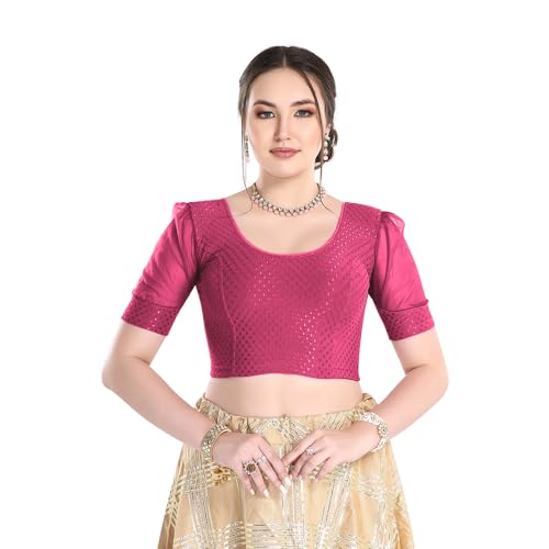 Image of FINESTFIT Stay On Trend Fashion 100% Cotton Readymade Blouses for Women,Round Neckline with Organza Balloon Sleeves.