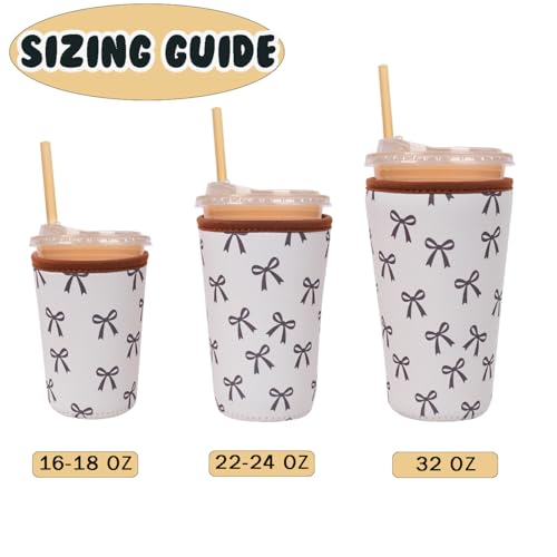Image of Reusable Insulated Neoprene Iced Coffee Cup Sleeve, Durable Drink Sleeve for Cold Beverages, Beverage Holder for Iced Coffee (Cream Bow)