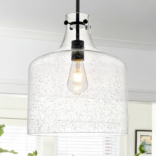 Image of 12 inch Black Seeded Glass Pendant Light, E26 Farmhouse Hanging Light | Black seeded glass pendant light with adjustable chain, E26 socket, ideal for kitchen islands and dining rooms
