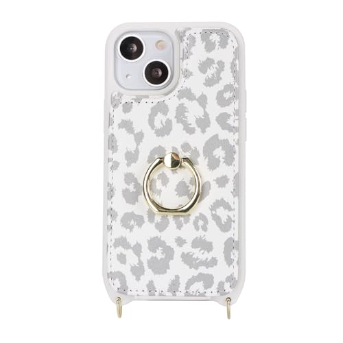 Image of for iPhone 13 Mini Case with Card Holder and Strap for Women,Crossbody Lanyard,Kickstand Ring Stand,Snap Clasp,RFID Blocking,Cute Phone Wallet Cases 5.4 inch(White Leopard)