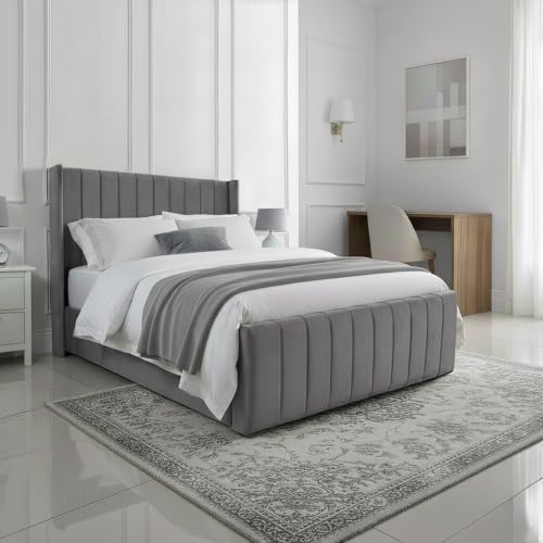 King Size Upholstered Ottoman Gas Lift Bed Frame in Plush Grey Fabric - Strong Structure, Easy to Clean, Ample Storage Space, Includes Option for Mattress - Stylish and Functional Bedroom Solution