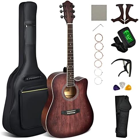 Costzon 41” Full Size Cutaway Acoustic Guitar Set, 6-String Dreadnought Starter Guitarra Bundle Kit w/Gig Bag, Strap, Tuner, Capo, Picks, Extra Strings & Stand for Beginner Adult (Red)