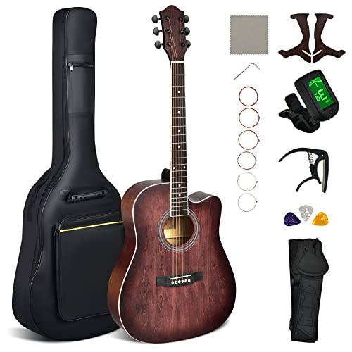 Costzon 41” Full Size Cutaway Acoustic Guitar Set, 6-String Dreadnought Starter Guitarra Bundle Kit W/Gig Bag, Strap, Tuner, Capo, Picks, Extra Strings & Stand For Beginner Adult (Red) #TOP6