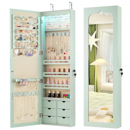 COSTWAY 5 LED Lights Jewellery Cabinet, Door Hanging/Wall Mounted Jewelry Armoire with Full Length Mirror and Large Storage, Bedroom Lockable Cosmetics Jewellery Organiser (Green, 6 Wooden Drawers)