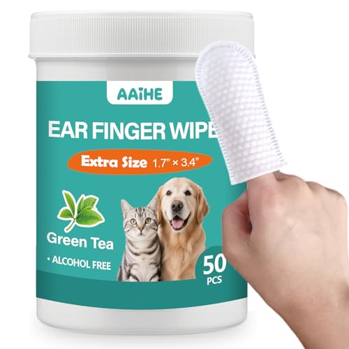 AAIHE 特大犬用耳用フィンガーワイプ、耳垢や汚れを優しく取り除き、耳のかゆみを和らげますすべての天然成分の犬の耳拭き。犬と猫のための安全で優しい耳拭き-50カウントグリーン（Amazon）