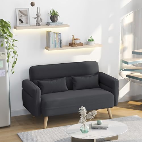 Yaheetech Kleines Sofa Mini Gepolsterte Couch mit 2 Lendenkissen Loveseat Sitzfläche 96 × 51 cm für Loft/Apartment/Spielzimmer Dunkelgrau