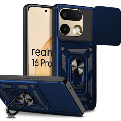 Image of AESTMO Tough Armor Realme 16 Pro 5G Bumper Back Case Cover | Ring Holder & Sliding Camera Shield Cover | 360 Degree Protection Back Case Cover for Realme 16 Pro 5G (Blue)
