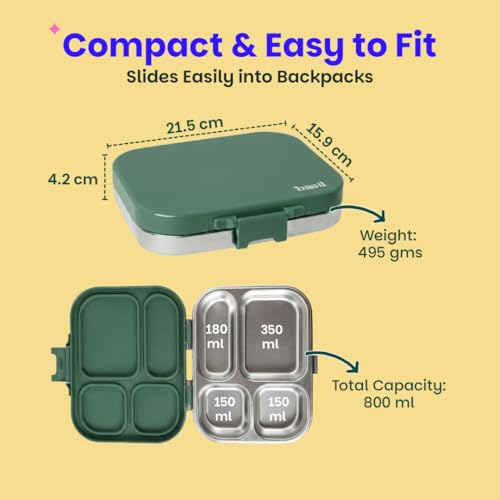 Image of Basil Bento Box Quad - 4 Compartment Stainless Steel Lunch Box with BPA-Free Plastic Lid | 800 ml Leak-Proof Tiffin Box for Kids & Adults | Premium School, Office, and Picnic Lunch Box - Wild Wood