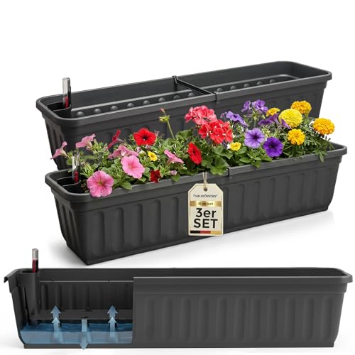 Hausfelder Blumenkasten Balkon mit Wasserspeicher 80cm Anthrazit-Schwarz 3er Set, Balkonkasten Bewässerungssystem und Wasserstandsanzeiger, Pflanzkasten Geländer für Außen