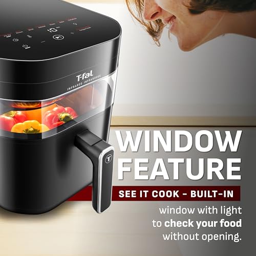 Image of T-fal Infrared Air Fryer, 2x Faster Than Traditional Heating*, Large Air Fryer Dehydrator Combo, 8 Cooking Functions, Window With Light, No-Shake Technology, Dishwasher Safe, 1800W, Black