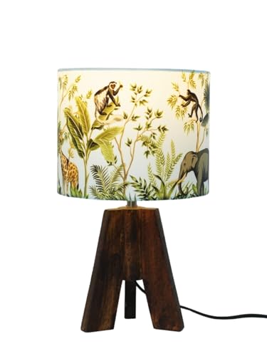 Image of Green Girgit Decorative Tri-Leg Stand Wooden Table Lamp with Jungle Multicolor Lamp Shade Bedside & Reading Night Lamp for Bedroom, Living Room & Home Decor | Warm Ambient Light