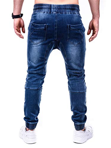 Men's Twill Jogger Jeans Drop Crotch Hipster Jogger Denim Pants Vintage Drawstring Skinny Zip Pockets Jean Trousers (3X-Large,Blue)4