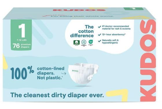 Kudos Chlorine Free Premium Diapers, 100% Cotton-Lined, Ultra Soft, Size 1, 76 Count