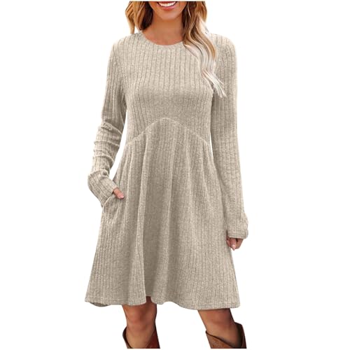 Strickkleid Damen Herbst Knielang Pulloverkleid Elegant Langarm Winterkleid mit Taschen