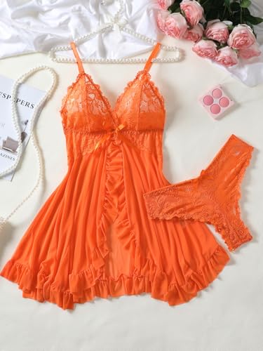 Image of Foxiny Sexy Ruffle Sheer Mesh Lace Wireless Babydoll Lingerie Dress with Thong 2 Piece