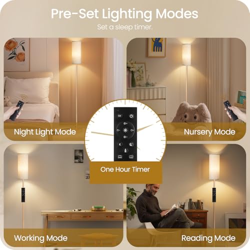 Image of 2 Pack Wooden Textured Pole Lamps, Dimmable Floor Lamp for Living Room with Remote and Foot Switch, 64.4 inch Standing Tall Lamp, Corner Light for Bedroom, Bulb Included, 3000K-6500K, XE06LDP205W1