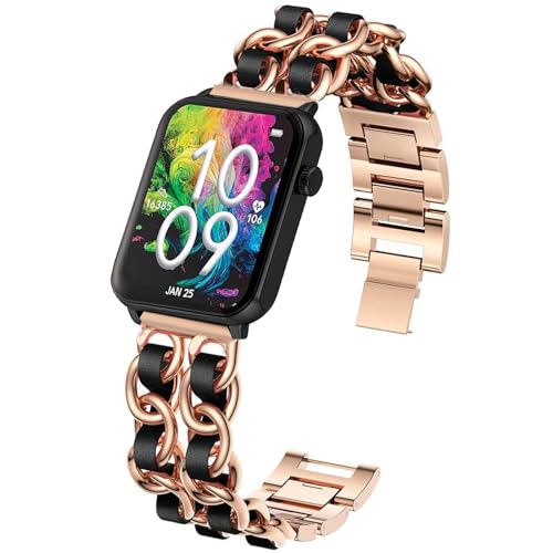 Compatible with Armitron Matrix Smartwatch bands, 20mm, 22mm Quick Release Jewelry Chain Metal Wristband with Leather Compatible with Armitron Connect Matrix, Link, Lunar, Boom, Eclipse Smartwatch (Rose Gold, 22mm size band)