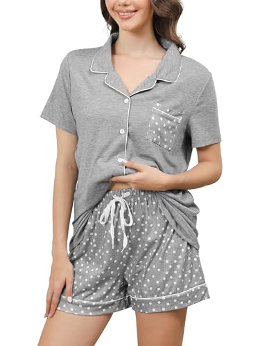 Reliwel Pijama Corto Mujer de Algodon Pijama Mujer Verano con Botones Manga Corta y Pantalones Cortos con Impresión de Lunares Ropa De Dormir Conjunto Lounge S-XXL