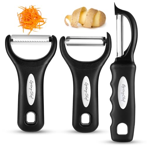 Spring Chef Stainless Steel Swivel, Y & Julienne Vegetable Peelers for Kitchen, Potato Peelers with Soft Grip Handles, Kitchen Utensils Set of 3 for Fruits, Veggies, Apple, Carrot, Cucumber - Black