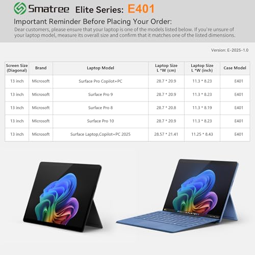 Image of Smatree Laptop Sleeve for 13 inch Microsoft Surface Laptop Copilot+PC 2025 | for 13 inch Microsoft Surface Pro 10 /9 /8,13 inch SurfacePro Copilot+PC,Protective Case with Pocket(E401)
