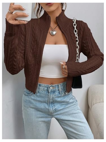 Image of MakeMeChic Women's Cropped Cable Knit Sweater Zip Cardigan Fall Clothes