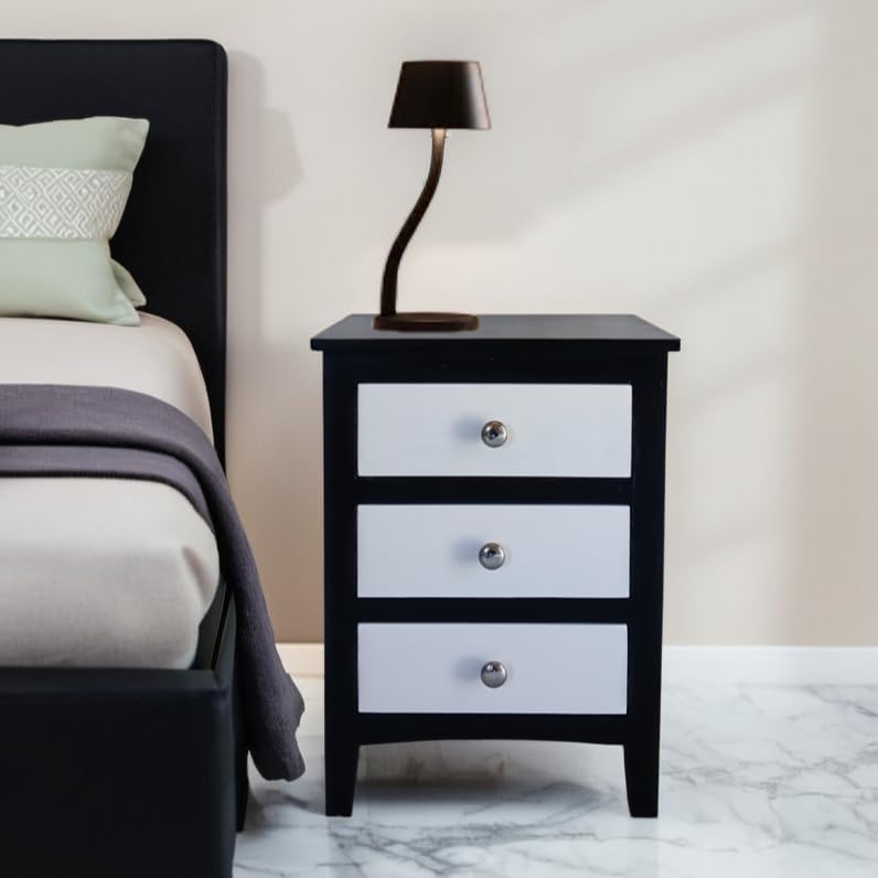 Sheesham Wood 3 Drawer Bed Side Table, Night Stand Table Solid Solid Wood Table (Finish Color - Black and White)-image-28