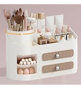 UFORU Makeup Organizer with Rotating Brush Holder, Bathroom Countertop Organizer with 2 Drawers, ...