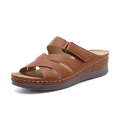 ALLOT Women’s Sandals Mules Slippers Sliders Ladies Wedge Sandals Platform Slip On Flats Summer Open Toe Low Heel Comfy Beach Casual Shoes(Brown PU, Numeric 6)