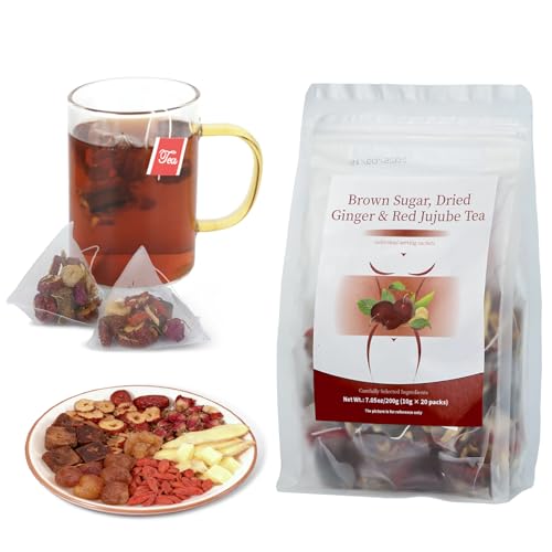 Liuhbn Brown Sugar Ginger Tea Decaffeinated (10g x 20 packs) Is A 100% Natural Herbal Tea With Ginger Slices, Red Dates, Longan, Brown Sugar Blocks, Double Petal Red Roses, And Goji Berries.