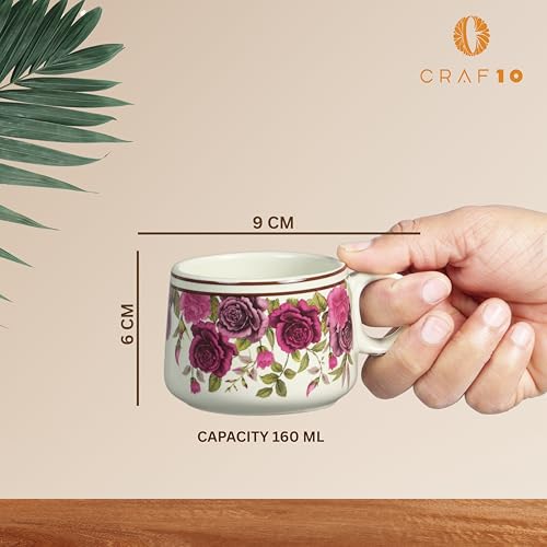Image of CRAF10 Handcrafted Ceramic Vintage Rose Floral Print Teapot Cup Set - 1 Kettle (1 Litre) & 6 Cups (160 ML), Microwave & Dishwasher Safe | Morning Set | Tea Sets with Kettle