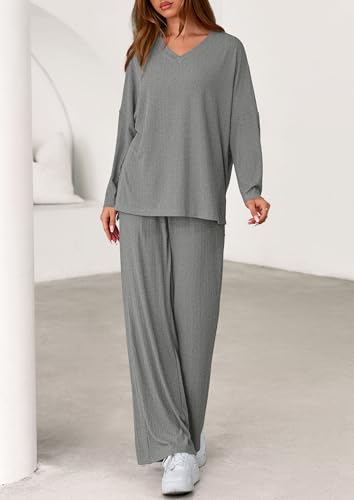 PRETTYGARDEN 2 Piece Lounge Sets for Women Fall Outfits 2025 Casual Loose Long Sleeve Tops Wide Leg Pants Matching Pajama Set