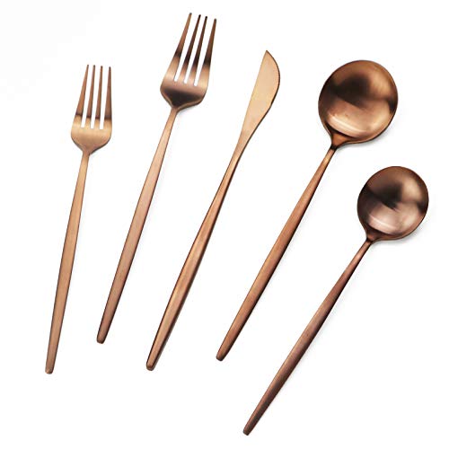 Copper Silverware Set JASHII 40-Piece Flatware Set 304 Stainless Steel Flat Cutlery Set for 8 Matte Kitchen Forks Knife Spoons Set, Satin Finish Tableware Set for Home and Restaurant, Dishwasher Safe