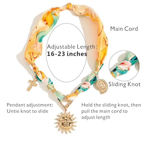 Bandana Charm Necklace for Women-Dainty Gold Carabiner Beach Charm Necklace Sun Conch Cross Pendant Scarf Necklaces,Fabric Statement Jewelry, Bandana Boho Chic Jewelry4