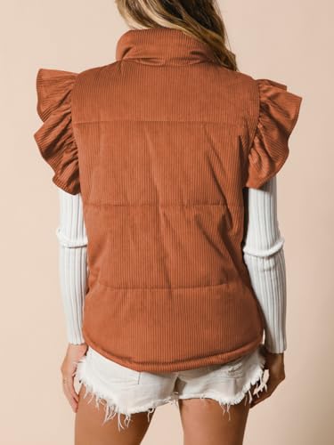 Womens Corduroy Puffer Vest Ruffle Sleeve Winter Snap Button Coats Padded Gilet with Flap Pockets4