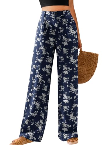 Image of Feiersi Womens Casual Wide Leg Pants High Waisted Button Down Straight Long Trousers Palazzo Pants